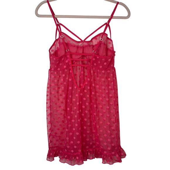 L Betsey Johnson Sheer Pink Polka Dot Mesh Slip Dress Cherry Bow Coquette Kawaii - Picture 8 of 8